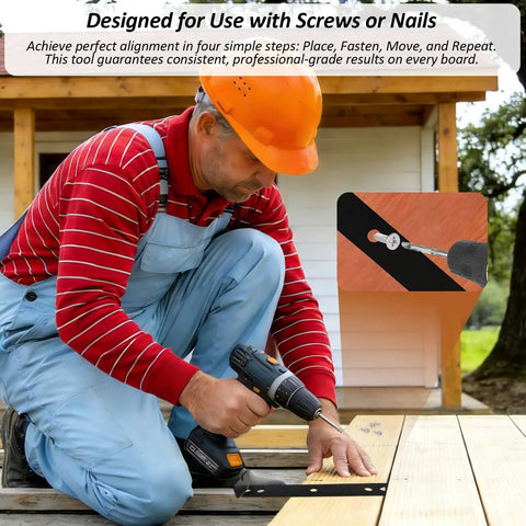 Man using Steel Deck Spacer Tool 2 In 1 Board Spacer With One Eighth Inch And Three Sixteenth Inch Gap Sides For Five And One Half Inch Deck Boards Board Jig Spacer For Treated Wood Or Composite Decking Black One Pack on a deck.
