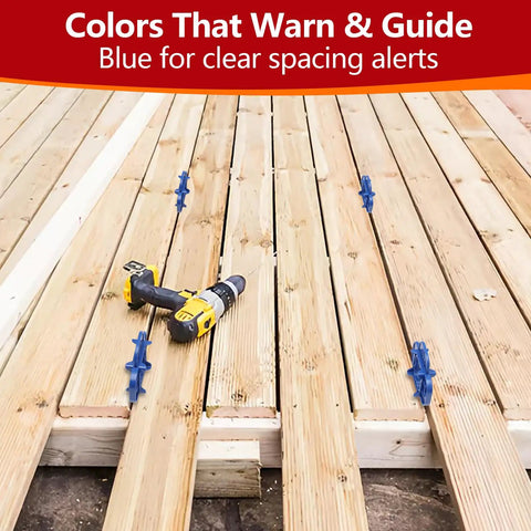 Six Pack 4 In 1 Deck Spacers Tool With Four Size Options For Five Thirty Second Inch Three Sixteenth Inch One Quarter Inch And Five Sixteenth Inch Easy To Use Gap Tool For Composite PVC Hardwood And Pressure Treated Decking Boards Red And Blue visible on wooden deck with drill.