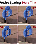 Six Pack 4 In 1 Deck Spacers Tool With Four Size Options For Five Thirty Second Inch Three Sixteenth Inch One Quarter Inch And Five Sixteenth Inch Easy To Use Gap Tool For Composite PVC Hardwood And Pressure Treated Decking Boards Red And Blue shown installed between deck boards
