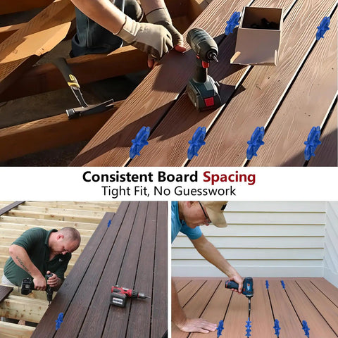 Six Pack 4 In 1 Deck Spacers Tool With Four Size Options For Five Thirty Second Inch Three Sixteenth Inch One Quarter Inch And Five Sixteenth Inch Easy To Use Gap Tool For Composite PVC Hardwood And Pressure Treated Decking Boards Red And Blue installed on deck