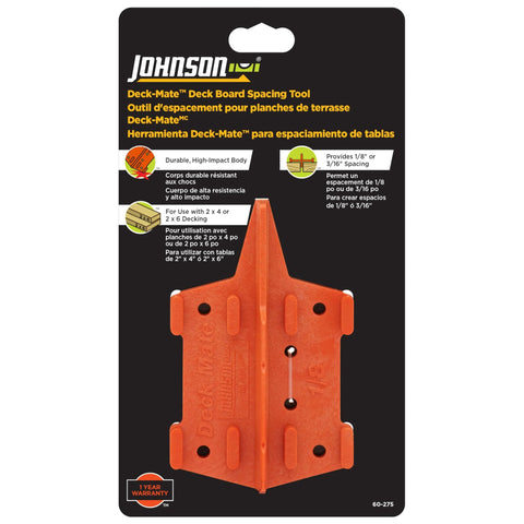 Front view of durable one piece deck spacing tool with 1/8 in and 3/16 in spacers on product packaging