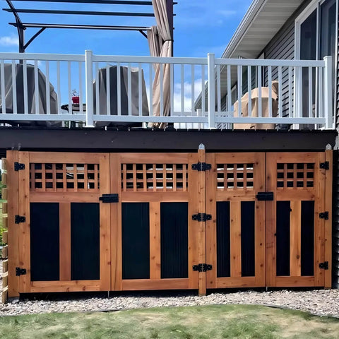 Wooden deck gate with 3-1/2" Heavy Duty Gate Hinges, 2 Pack Black Iron Shed Door Hinges, installed on barn wood fence.