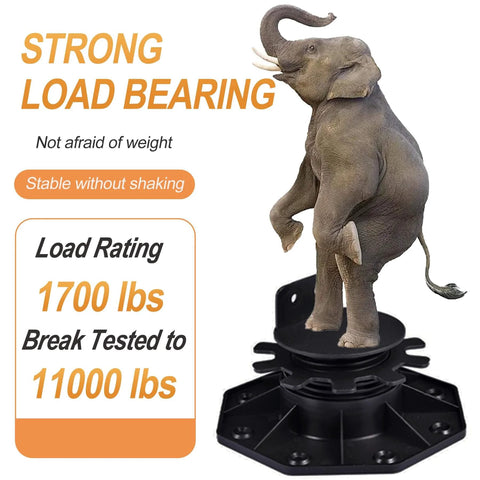 Elephant standing on Adjustable Deck Support Pedestals 24 Pack Paver Leveling System DIY Friendly From One And Three Sixteenths Inches To Two And Three Eighths Inches For Raised Decks Sheds Pathways Greenhouse Floors Outdoor Foundations, demonstrating strong load-bearing capacity.