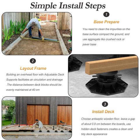 Installation steps for Adjustable Deck Support Pedestals 24 Pack Paver Leveling System DIY Friendly From One And Three Sixteenths Inches To Two And Three Eighths Inches For Raised Decks Sheds Pathways Greenhouse Floors Outdoor Foundations