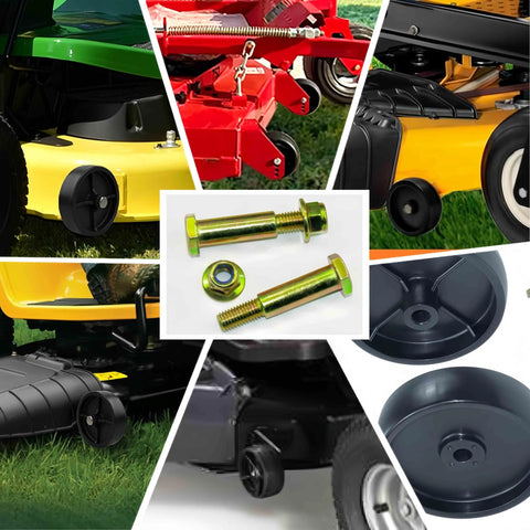 Two Pack Deck Wheel Shoulder Bolts And Flanged Locknut Kit For Half Inch Bore Wheels Fits Craftsman Poulan Husqvarna Toro Cub Cadet Mowers And Tractors With One And A Half Inch Shoulder And Three Eighths Inch Pitch Sixteen Threads, showcasing bolts, locknuts, and mower compatibility.