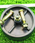 Two Pack Deck Wheel Shoulder Bolts and Flanged Locknut Kit for half inch bore wheels, shown on a mower deck wheel.