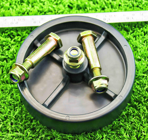 Two Pack Deck Wheel Shoulder Bolts and Flanged Locknut Kit for half inch bore wheels, shown on a mower deck wheel.