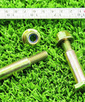 Two Pack Deck Wheel Shoulder Bolts And Flanged Locknut Kit For Half Inch Bore Wheels on grass with measuring tape.