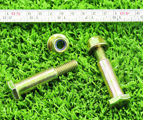 Two Pack Deck Wheel Shoulder Bolts And Flanged Locknut Kit For Half Inch Bore Wheels on grass with measuring tape.