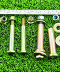 Two Pack Deck Wheel Shoulder Bolts And Flanged Locknut Kit For Half Inch Bore Wheels Fits Craftsman Poulan Husqvarna Toro Cub Cadet Mowers And Tractors With One And A Half Inch Shoulder And Three Eighths Inch Pitch Sixteen Threads displayed on grass with measuring tape above.