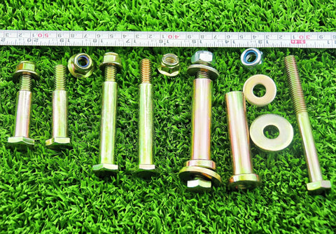 Two Pack Deck Wheel Shoulder Bolts And Flanged Locknut Kit For Half Inch Bore Wheels Fits Craftsman Poulan Husqvarna Toro Cub Cadet Mowers And Tractors With One And A Half Inch Shoulder And Three Eighths Inch Pitch Sixteen Threads displayed on grass with measuring tape above.