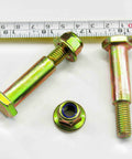 Two Pack Deck Wheel Shoulder Bolts And Flanged Locknut Kit For Half Inch Bore Wheels, with measuring tape for size reference.