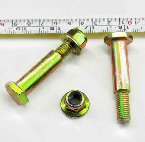 Two Pack Deck Wheel Shoulder Bolts And Flanged Locknut Kit For Half Inch Bore Wheels, with measuring tape for size reference.