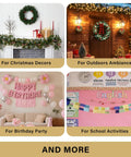 Collage of festive decorations including Christmas decor, outdoor lights, birthday party setup, and school activity banner.