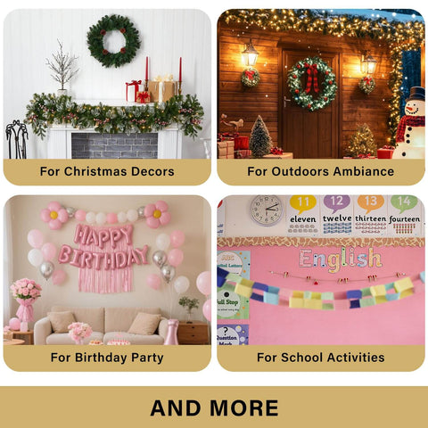 Collage of festive decorations including Christmas decor, outdoor lights, birthday party setup, and school activity banner.