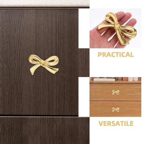 Gold Bow Knobs For Dresser Set Of 4 Brass Drawer Knobs Decorative Vintage Gold Handles installed on wood cabinets