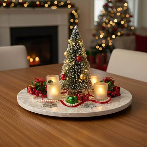 12.6 inch decorative lazy susan turntable with mother of pearl inlay showcasing a festive centerpiece with candles and a mini tree.