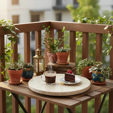 12.6 inch decorative lazy susan turntable with mother of pearl inlay on a balcony table with coffee and cake.