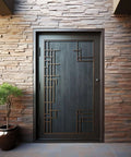 Modern exterior door with iron detailing and matte black finish against a stone wall. Sturdy Matte Black Iron Door Hinges Pack Of 3 For Interior And Exterior Doors 4 Inch By 4 Inch With Five Eighths Inch Radius Corners Heavy Duty Reversible Hinge Set With Screws Easy Install And Strong Hold.