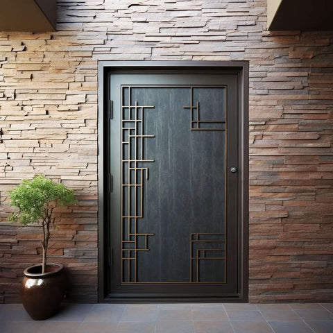 Modern exterior door with iron detailing and matte black finish against a stone wall. Sturdy Matte Black Iron Door Hinges Pack Of 3 For Interior And Exterior Doors 4 Inch By 4 Inch With Five Eighths Inch Radius Corners Heavy Duty Reversible Hinge Set With Screws Easy Install And Strong Hold.