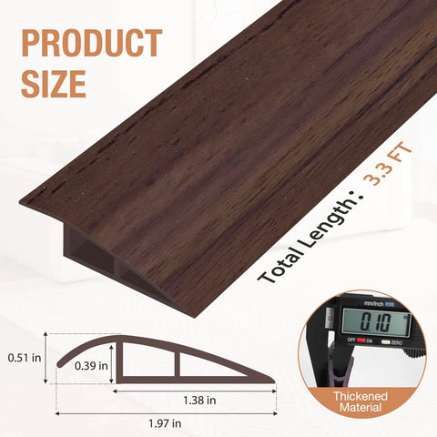 Floor Transition Strip Self Adhesive Vinyl Door Threshold Deep Brown Wood Grain 3.3Ft size diagram with thickness details