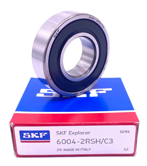 Deep Groove Ball Bearing 20x42x12 Mm Rubber Sealed 6004 2RSH C3 on box, made in Italy, close-up view.