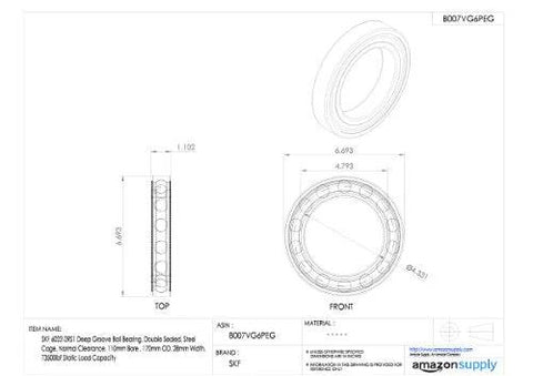 Technical drawing of Deep Groove Ball Bearing 6022 2RS1 Double Sealed Steel Cage 110mm Bore, front and side views with measurements.