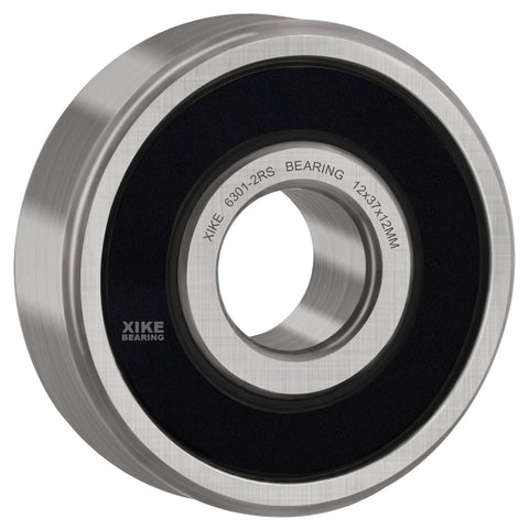 Close-up of 6301 2RS Pre-Lubricated Deep Groove Ball Bearing with chrome steel, double rubber seals for small motors and fans.