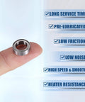 MR128ZZ 8x12x3.5mm Deep Groove Ball Bearings With Double Metal Shield shown held between fingers with durability features listed