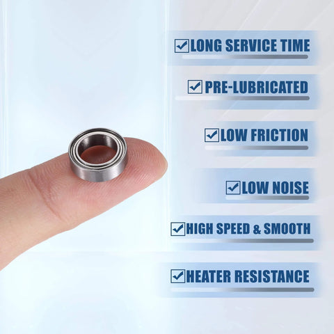 MR128ZZ 8x12x3.5mm Deep Groove Ball Bearings With Double Metal Shield shown held between fingers with durability features listed