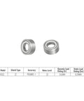 Deep groove ball bearing 1/8 ID, 3/8 OD, 5/32 thick, shielded chrome steel, 10 pack, image showing specifications chart