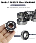 Close-up of 10 Pcs 6203-2RS Double Rubber Seal Deep Groove Ball Bearings, 17x40x12mm, pre-lubricated for high RPM stable performance.