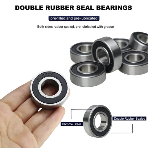 Close-up of 10 Pcs 6203-2RS Double Rubber Seal Deep Groove Ball Bearings, 17x40x12mm, pre-lubricated for high RPM stable performance.