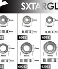 36pcs Deep Groove Ball Bearings Kit with 698ZZ 608ZZ 628ZZ 6903ZZ 6003ZZ 6203ZZ, detailed size diagram