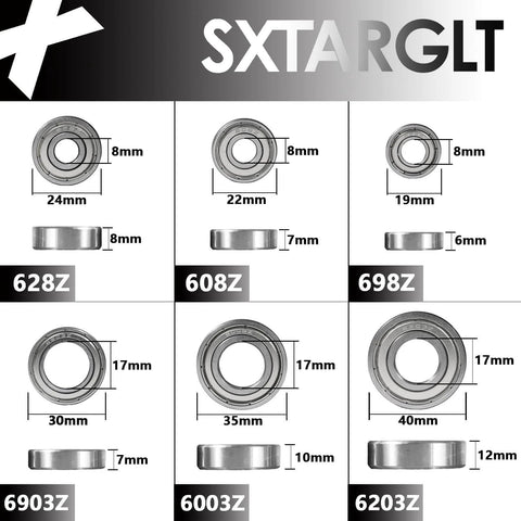 36pcs Deep Groove Ball Bearings Kit with 698ZZ 608ZZ 628ZZ 6903ZZ 6003ZZ 6203ZZ, detailed size diagram