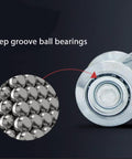 Close-up of deep groove ball bearings used in Silent Four Wheel Trolley Assembly For One And Three Quarter Inch Wide And Two And Quarter Inch Tall Shed Doors With Rail Hanging Track Electro Galvanized Zinc Barn Door Hardware Kit High Load Capacity For Durable Barn And Sliding Doors