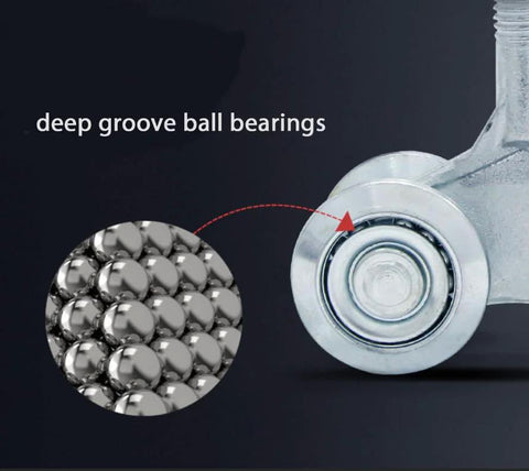 Close-up of deep groove ball bearings used in Silent Four Wheel Trolley Assembly For One And Three Quarter Inch Wide And Two And Quarter Inch Tall Shed Doors With Rail Hanging Track Electro Galvanized Zinc Barn Door Hardware Kit High Load Capacity For Durable Barn And Sliding Doors