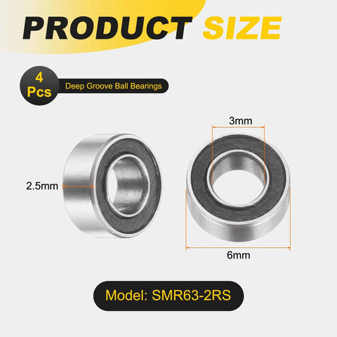 4 Pieces SMR63-2RS Deep Groove Ball Bearings 3x6x2.5mm 440C Stainless Steel Double Shielded ABEC 5 High Precision Bearings