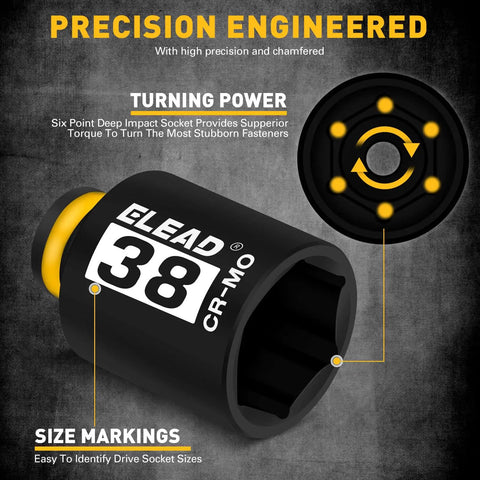 One Half Inch Drive Deep Impact Socket Set 38mm, labeled size markings, black phosphate, high torque 6-point for axle nut wrench.