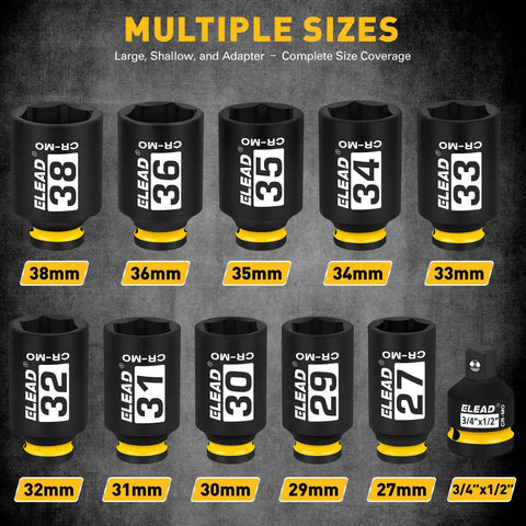 One Half Inch Drive Deep Impact Socket Set, 11-Piece Metric Wheel Axle Nut Wrench, Jumbo 27mm To 38mm Sockets displayed