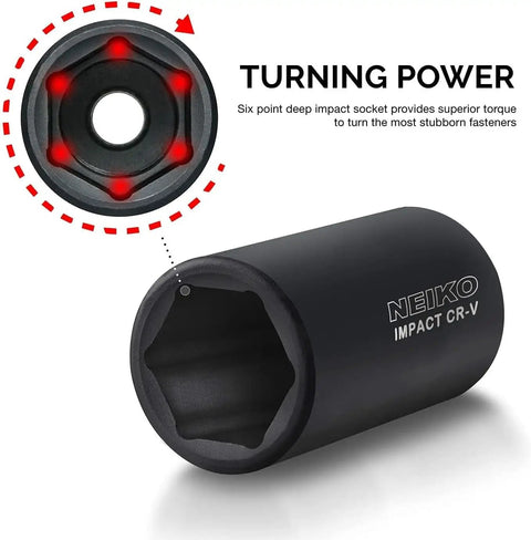 Heavy Duty Half Inch Drive Master Impact Socket Set With Sixty Five Pieces For SAE And Metric Sizes Includes Deep And Shallow Sockets Adapters And Ratchet Handle To Fit Three Eighths To One And Quarter Inch And Ten To Twenty Four Millimeter Fasteners, featuring close-up of deep impact socket