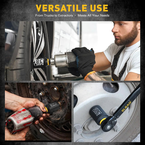 One Half Inch Drive Deep Impact Socket Set in use on car tire and truck axle nut