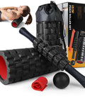 5 In 1 Deep Tissue Massage Set With Foam Roller, Trigger Point Roller Stick, Massage Ball, Resistance Band, Yoga Stretch Band, Black Red