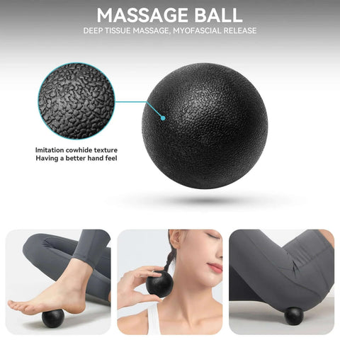Massage ball from 5-In-1 Foam Roller Set For Deep Tissue Muscle Recovery, showing its use on foot, neck, and back.
