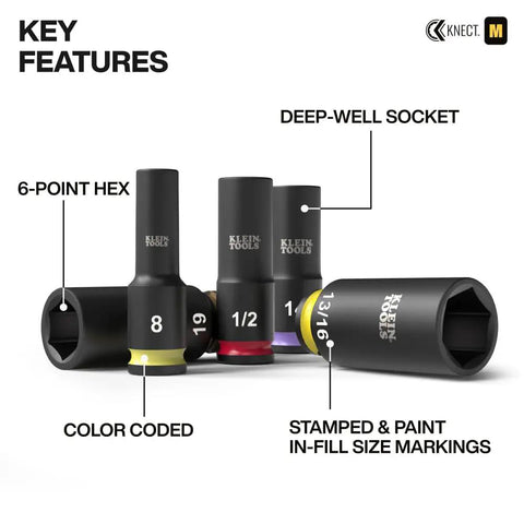 Deep-Well Three-Eighths Inch Drive Impact Socket Set With SAE And Metric Sizes, 23-Piece, Color-Coded Size Markings