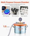 Degassing Vacuum Chamber Kit With 1.5 Gallon Stainless Steel Chamber And 3.5 CFM Pump for DIY Resin Casting displayed with gauge and hose