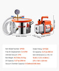 Degassing Vacuum Chamber Kit With 1.5 Gallon Stainless Steel Chamber And 3.5 CFM Pump for DIY resin casting, featuring oil and hose.