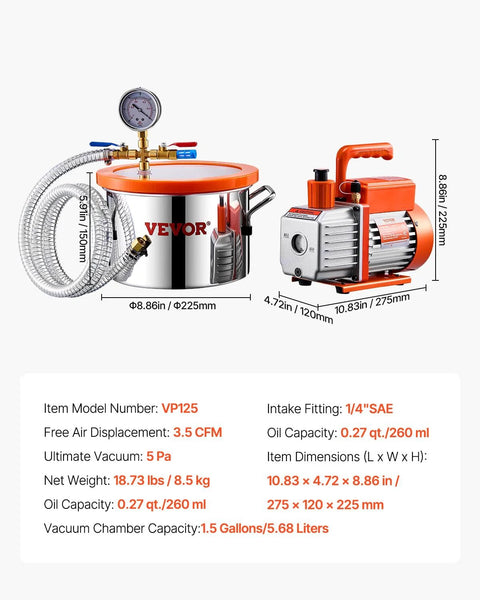 Degassing Vacuum Chamber Kit With 1.5 Gallon Stainless Steel Chamber And 3.5 CFM Pump for DIY resin casting, featuring oil and hose.