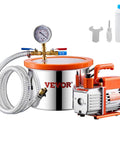 Degassing Vacuum Chamber Kit With 1.5 Gallon Stainless Steel Chamber And 3.5 CFM Pump, acrylic lid, hose, tools, and oil bottle for DIY projects.