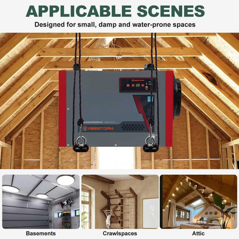 Heavy Duty Hanging Kit For Crawl Space And Basement Dehumidifiers With Anti Vibration Frame installed in attic space